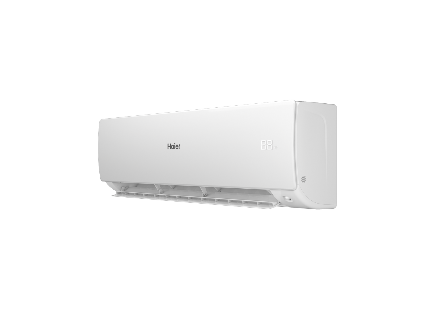 Un aire acondicionado Haier blanco está centrado sobre un fondo gris. Muestra una pantalla digital y una ventilación. La marca Haier es visible.