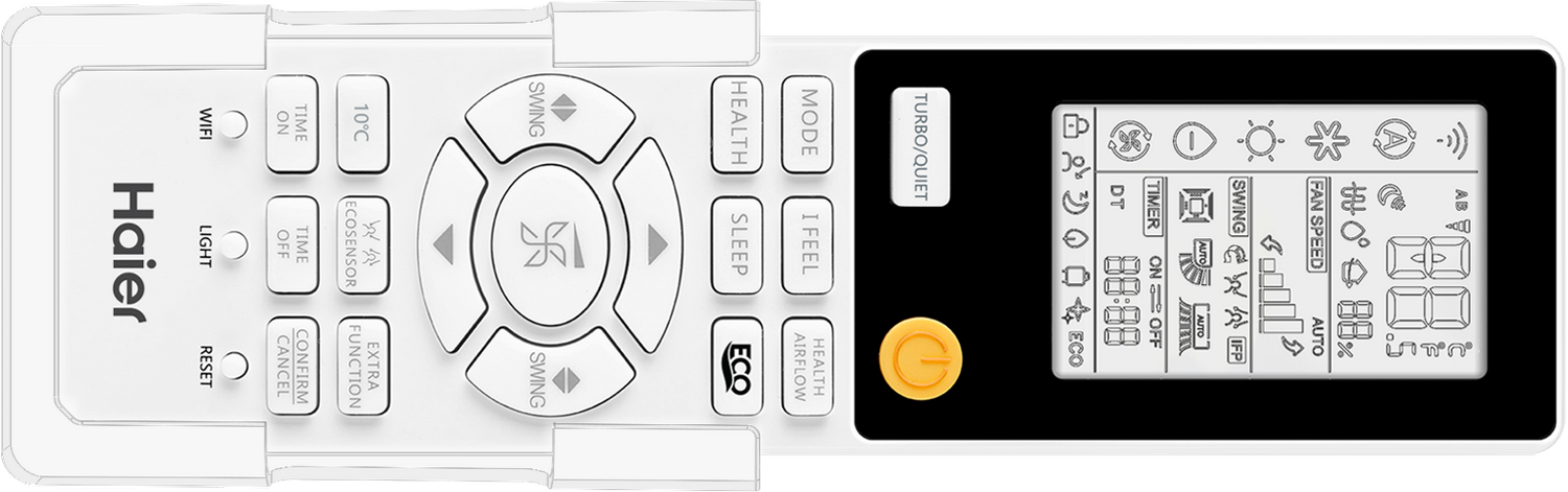 Mando a distancia de CA Haier blanco con muchos botones para configuraciones y control. Contiene una pantalla y múltiples botones.