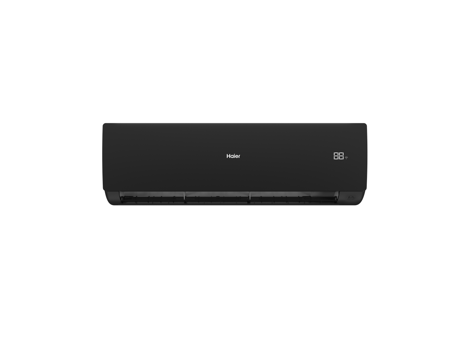 Aire acondicionado Haier negro sobre un fondo gris. Muestra '88' y tiene el logotipo de Haier.