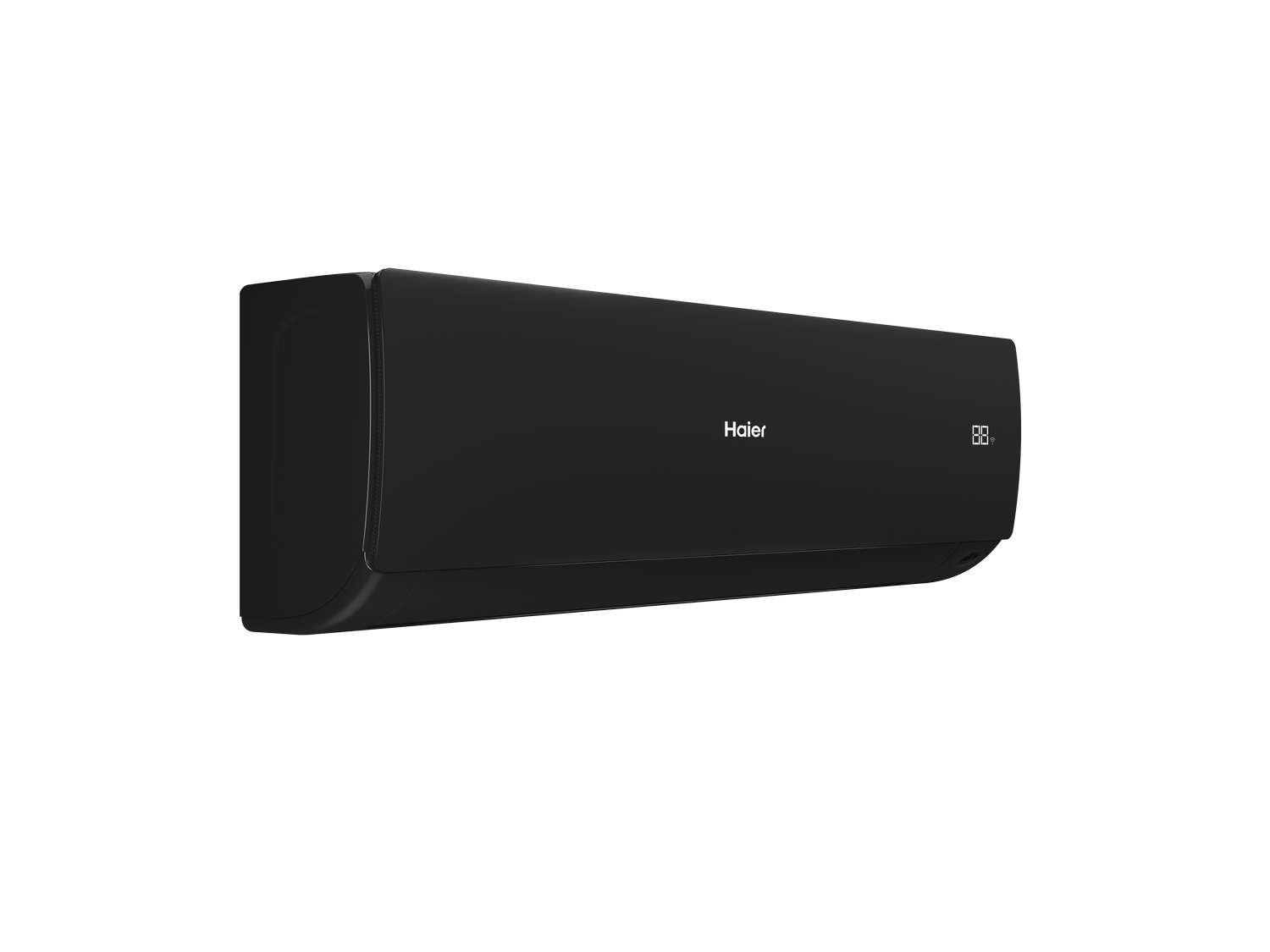 Un aire acondicionado negro Haier se muestra sobre un fondo gris. Muestra la marca y una pantalla digital con el número 88.