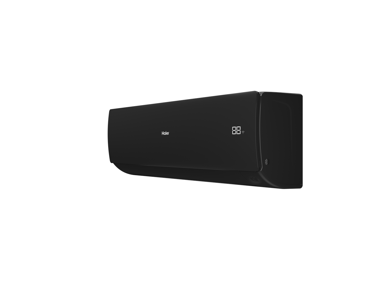 Aire acondicionado negro Haier con pantalla digital que muestra 88 grados. Montado sobre un fondo gris.