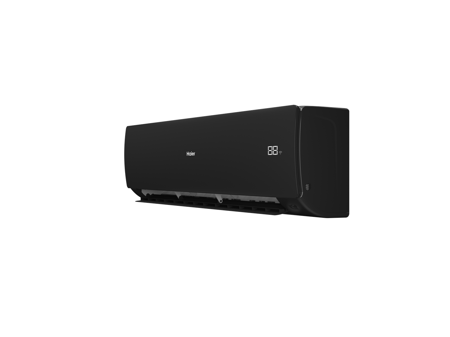 Un acondicionador de aire negro Haier muestra 88 grados en su pantalla. Está sobre un fondo gris.