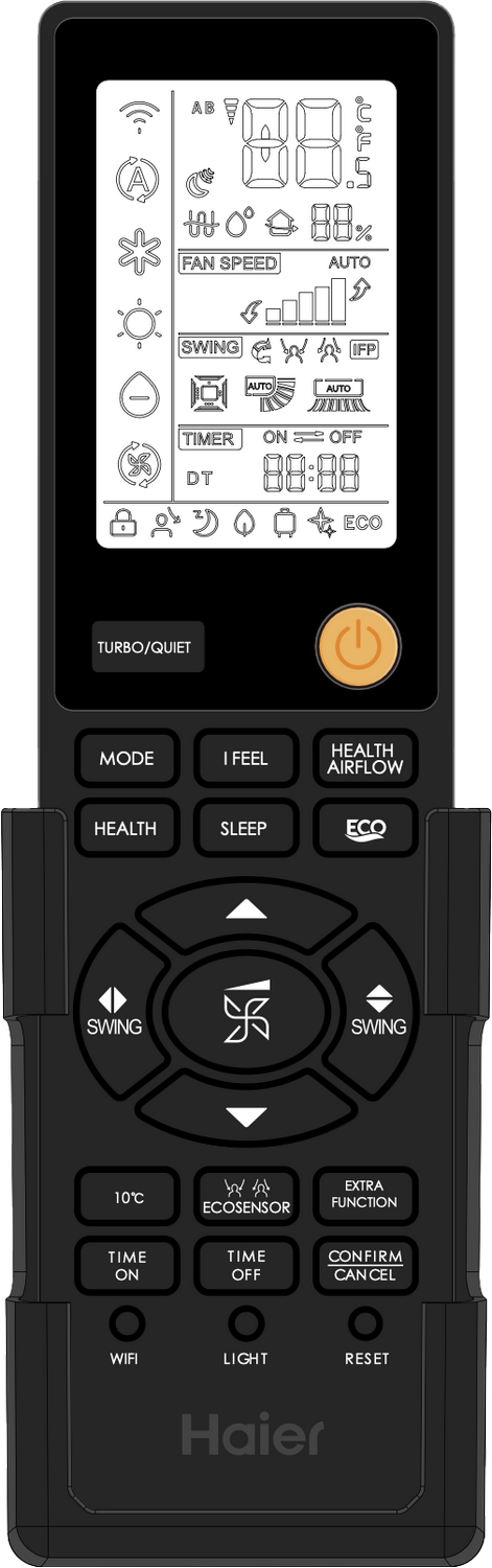 Mando a distancia negro del aire acondicionado. Tiene muchos botones con iconos y texto para controlar diversas funciones.