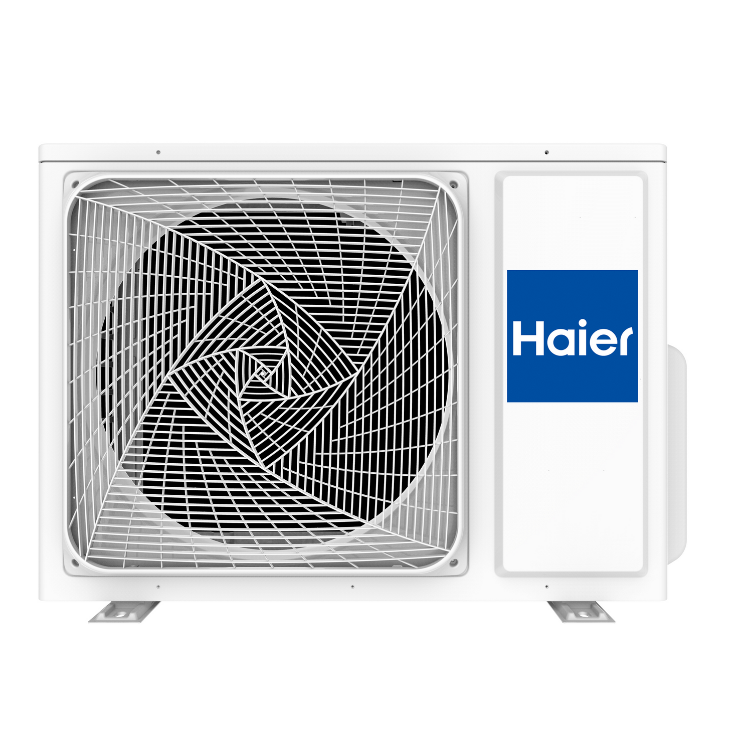 Una unidad de aire acondicionado Haier blanca con un ventilador y un logotipo azul. El ventilador está detrás de una rejilla metálica.
