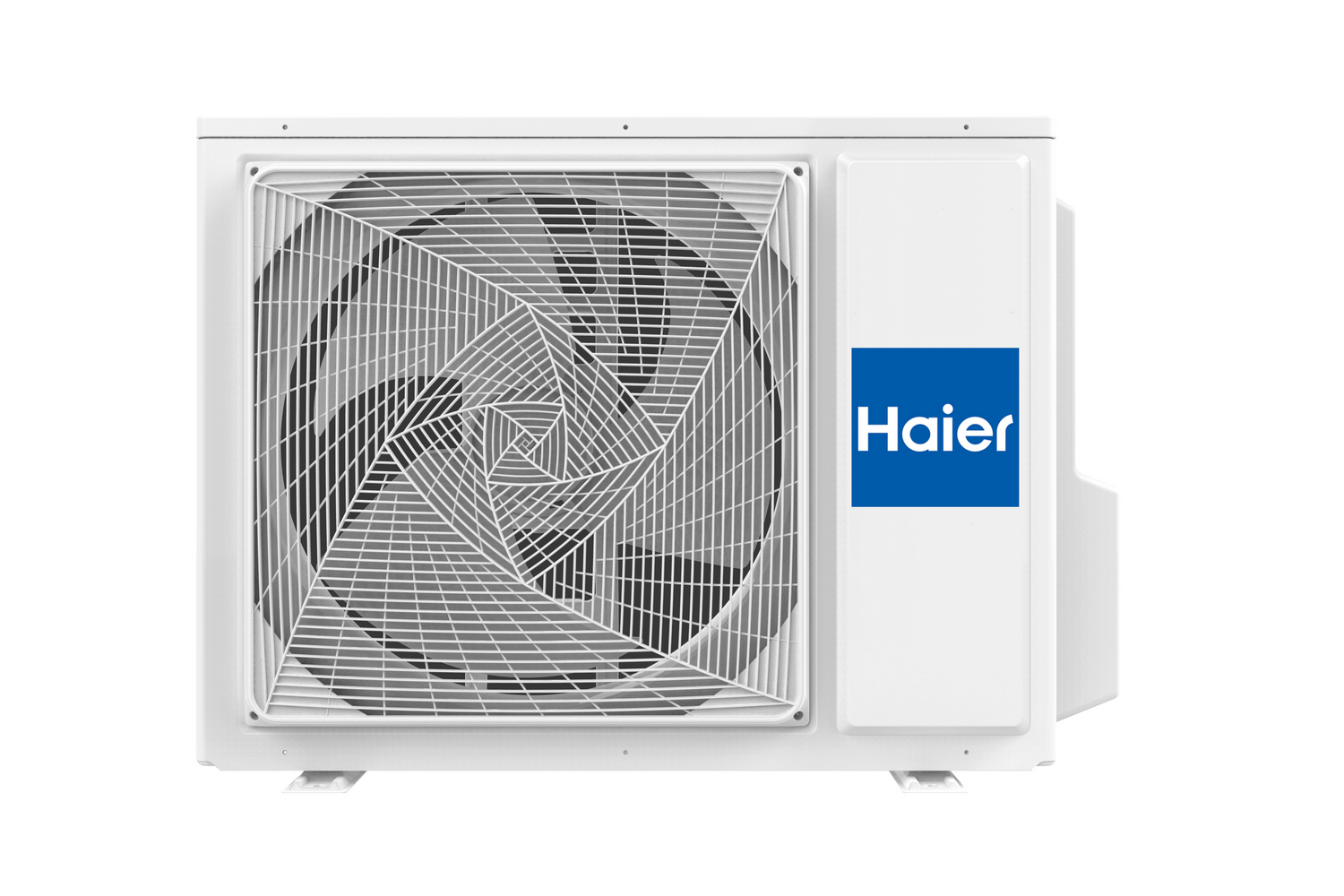Un aire acondicionado Haier blanco. Tiene un ventilador cubierto por una rejilla y un logotipo azul y blanco.