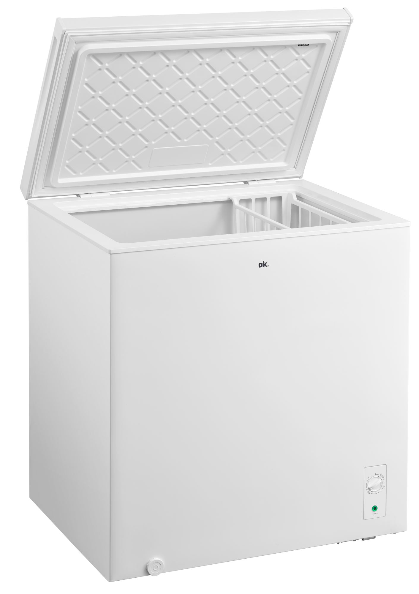 Egy fehér fiókos fagyasztó nyitott tetővel. A belseje látható, és a jobb oldalon egy vezérlőpanel található. A márka: 'ok'.