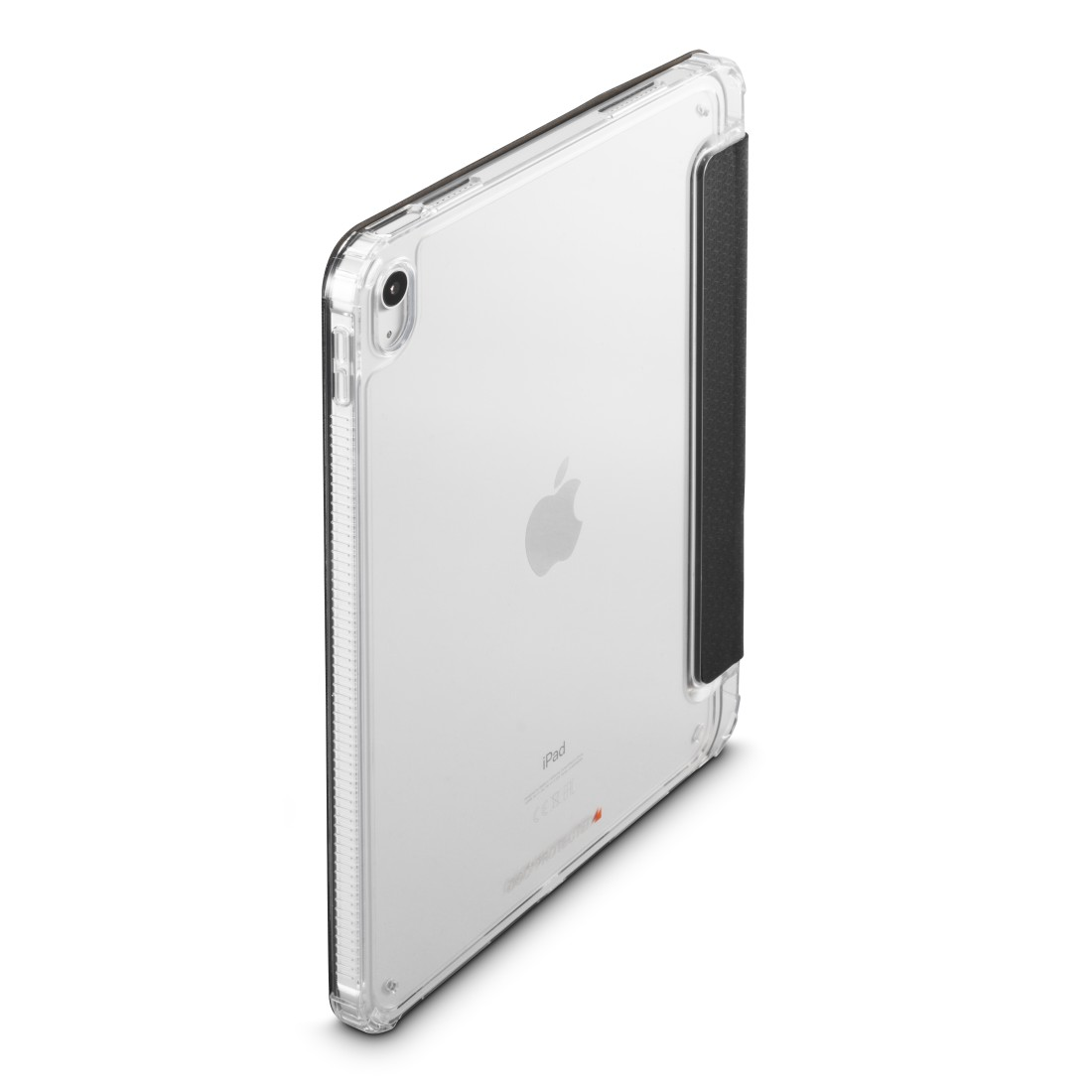 Ein iPad in einer transparenten Hülle mit schwarzem Cover. Das Apple-Logo ist sichtbar. Das iPad ist vor weißem Hintergrund.