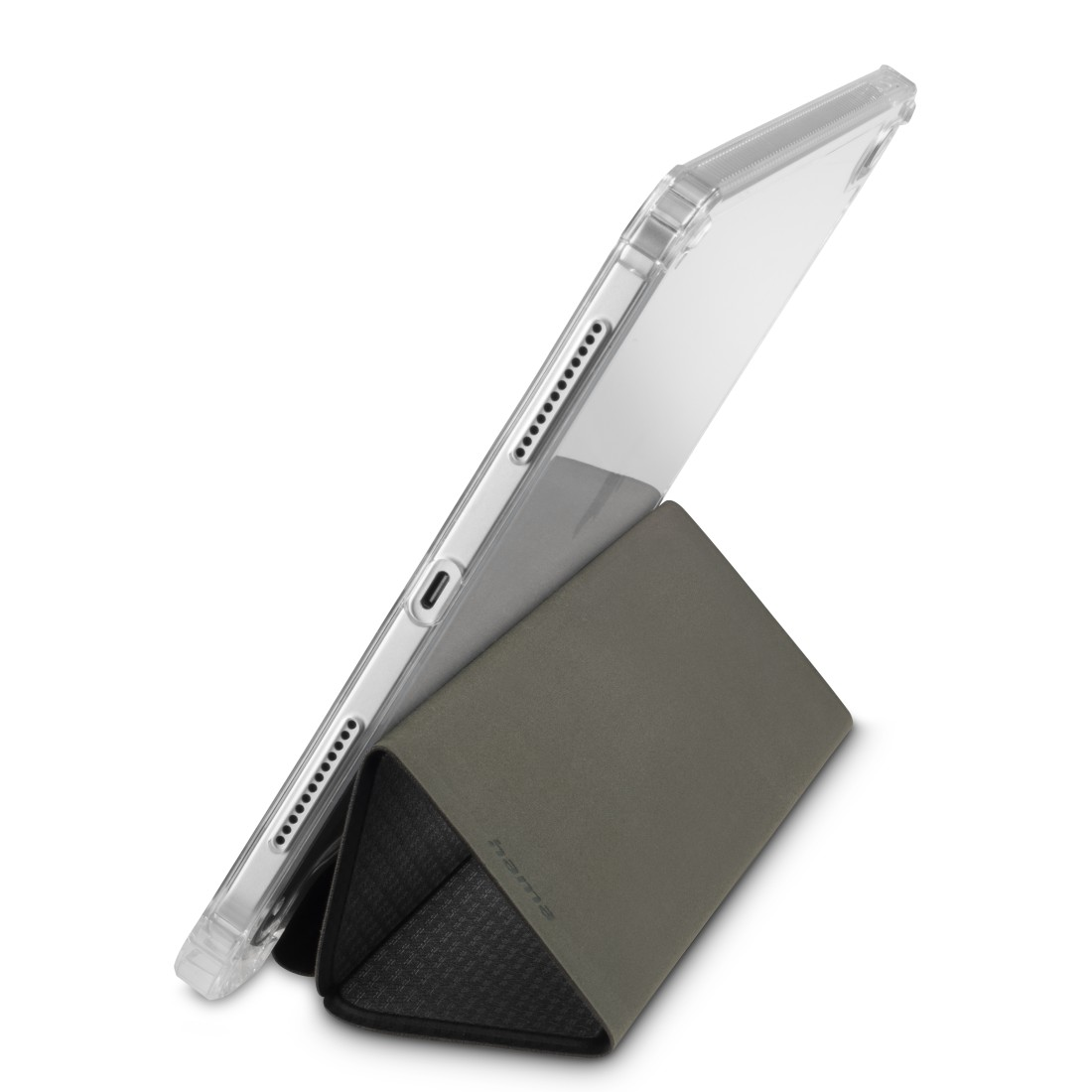 Ein iPad in einer transparenten Hülle wird von einem faltbaren Ständer gehalten. Der Ständer ist grau. Die Hülle hat eine transparente Rückseite.