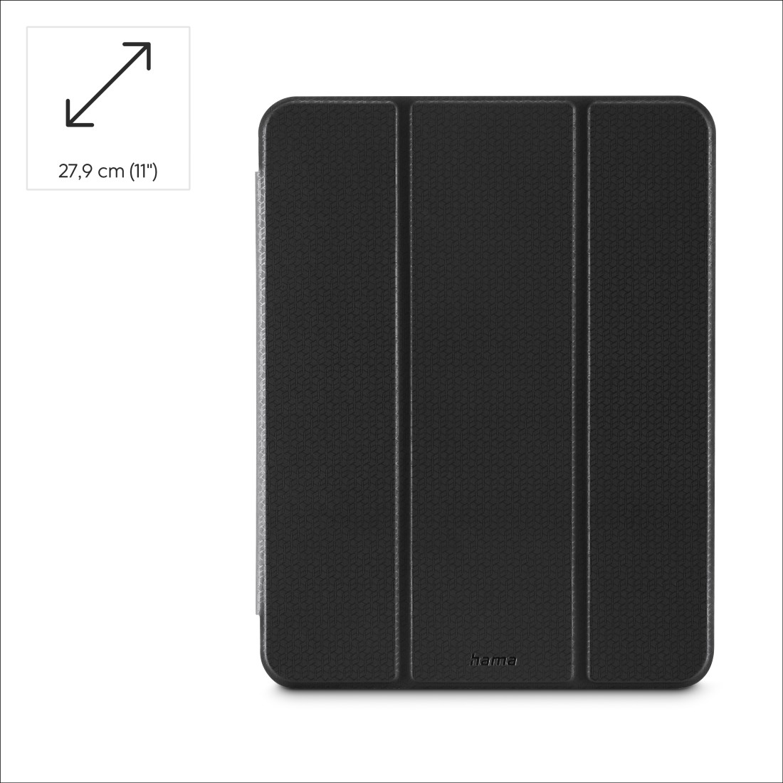 Schwarze Tablethülle mit strukturierter Oberfläche. Die Hülle ist geschlossen, mit einem diagonalen Pfeil zur Größenangabe.