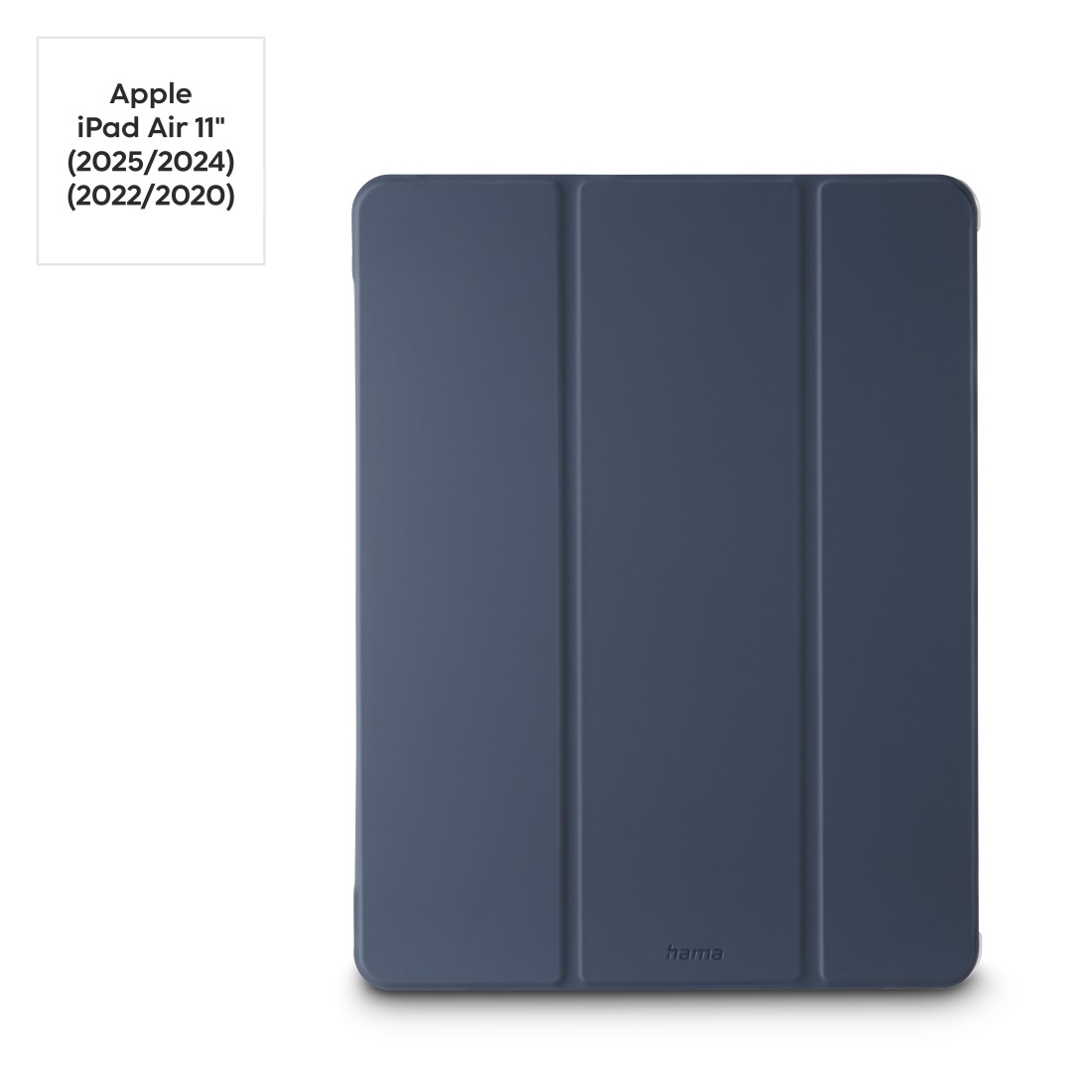 Eine blaue iPad Air 11" Hülle. Die Hülle ist geschlossen und hat drei vertikale Abschnitte. Die Marke „hama“ befindet sich unten.
