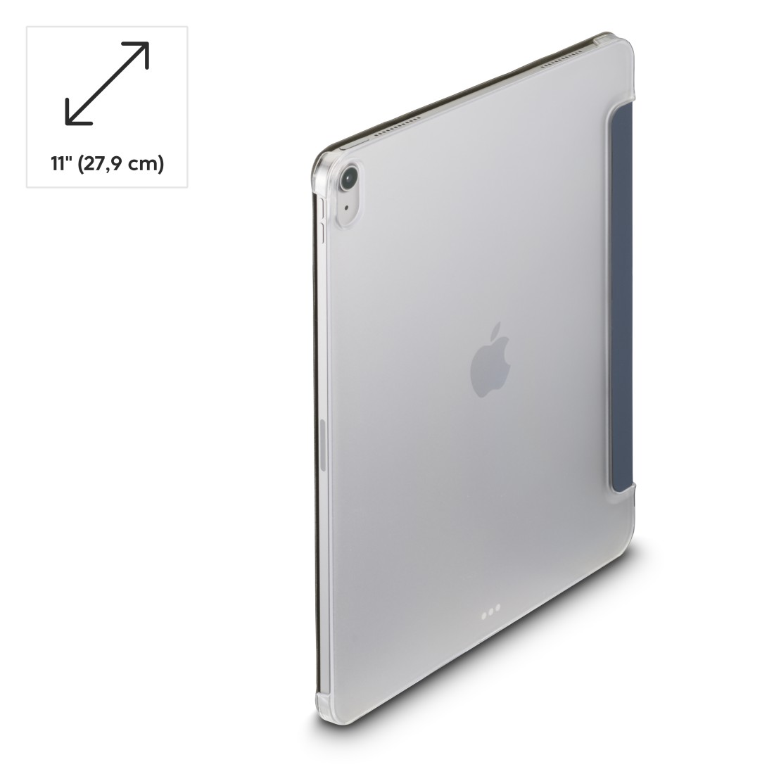 Ein iPad in einer durchsichtigen Hülle. Auf der Seite befindet sich ein blauer Streifen. Der Bildschirm zeigt das Apple-Logo.