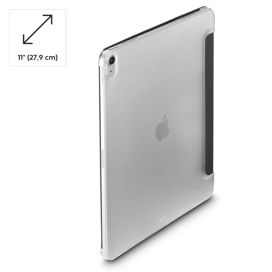 Ein Apple iPad in einer transparenten Hülle. Auf der rechten Seite befindet sich eine schwarze Abdeckung. Das iPad liegt auf weißem Untergrund.