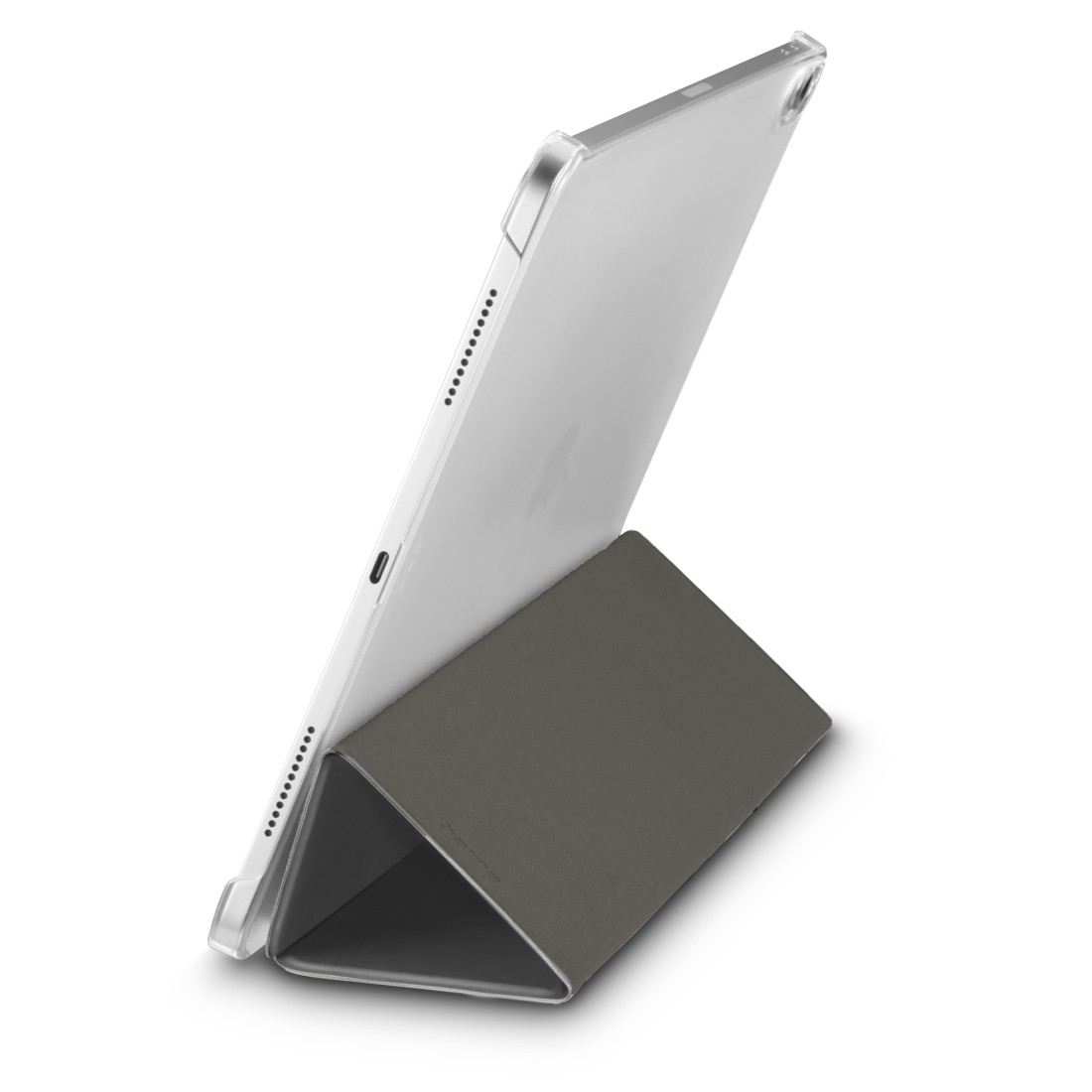Ein iPad in einem grauen Gehäuse wird auf einer weißen Oberfläche aufgestellt. Das Gehäuse ist zu einem dreieckigen Ständer gefaltet.