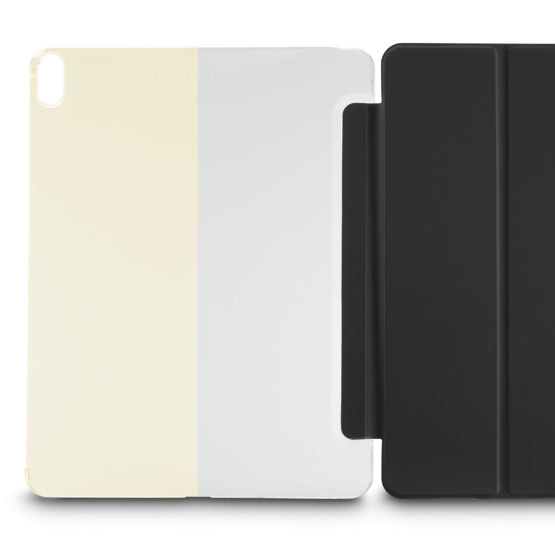 Eine offene Tablethülle. Die Hülle ist in drei Bereiche unterteilt: beige, weiß und schwarz. Die Hülle liegt auf einer weißen Oberfläche.