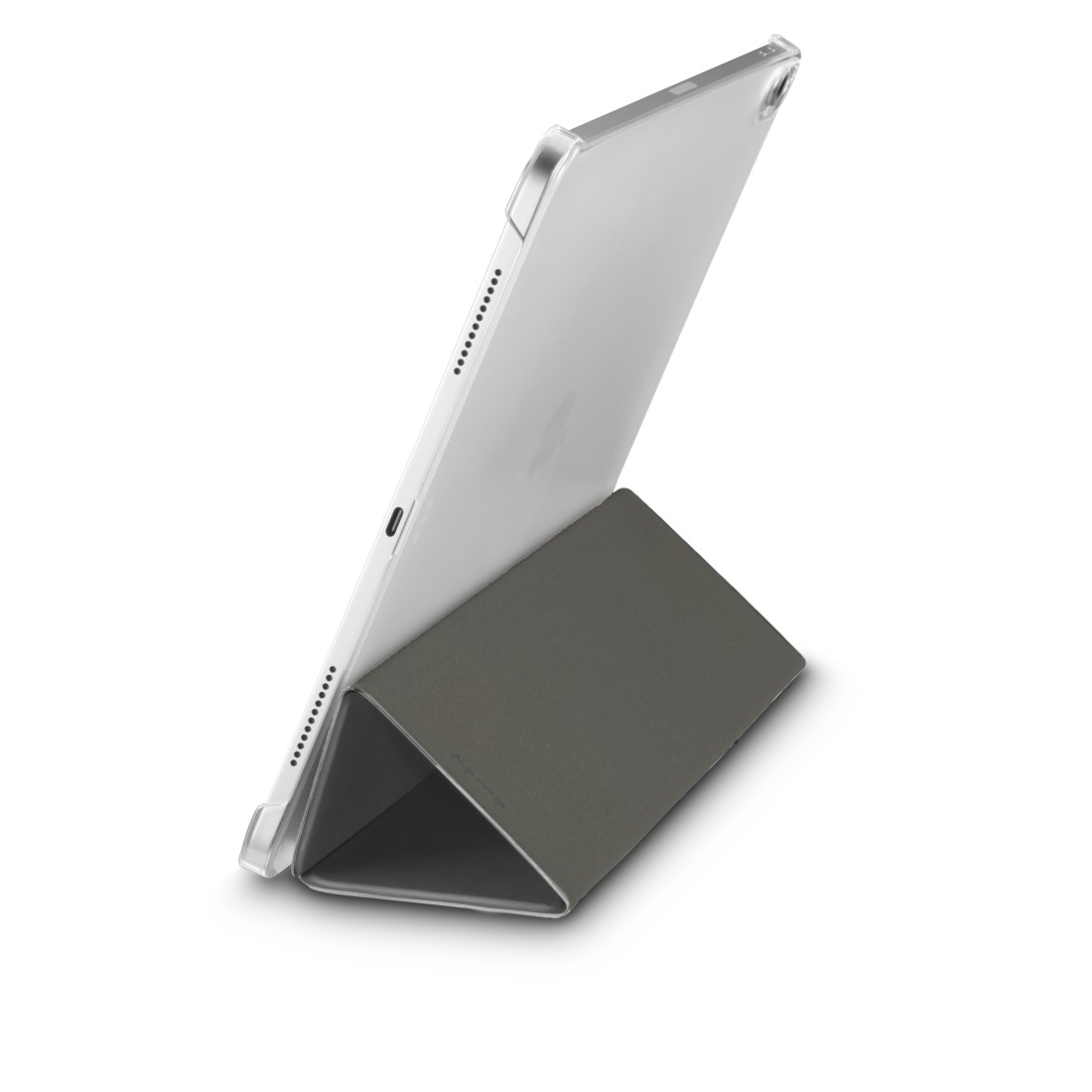 Ein iPad Pro mit transparentem Gehäuse steht auf einem grauen Ständer vor weißem Hintergrund. Das Apple-Logo ist sichtbar.