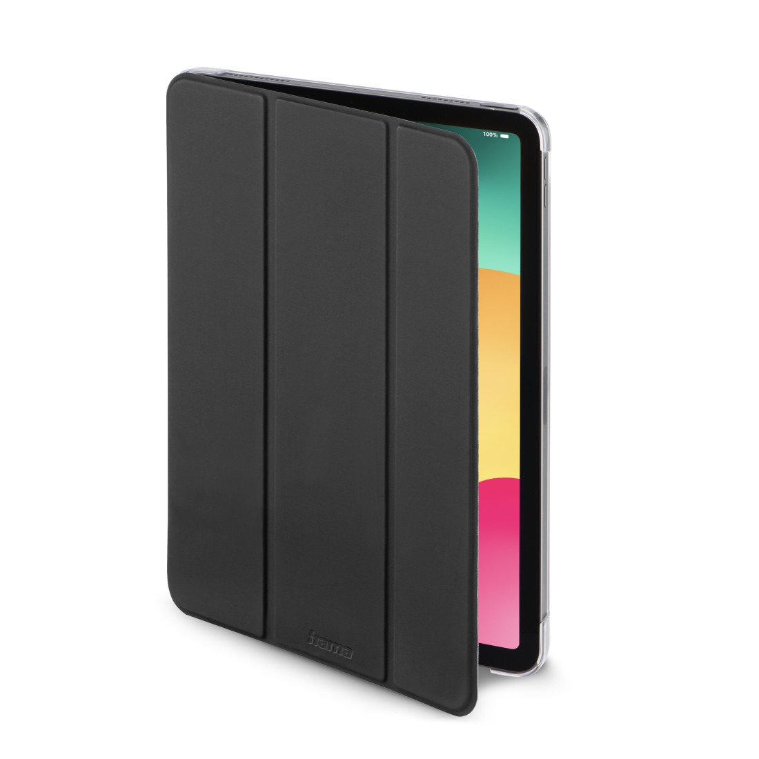 Eine teilweise geöffnete schwarze Tablethülle, die den Tablet-Bildschirm zeigt. Der Bildschirm zeigt farbenfrohe Grafiken. Die Hülle befindet sich auf weißem Hintergrund.