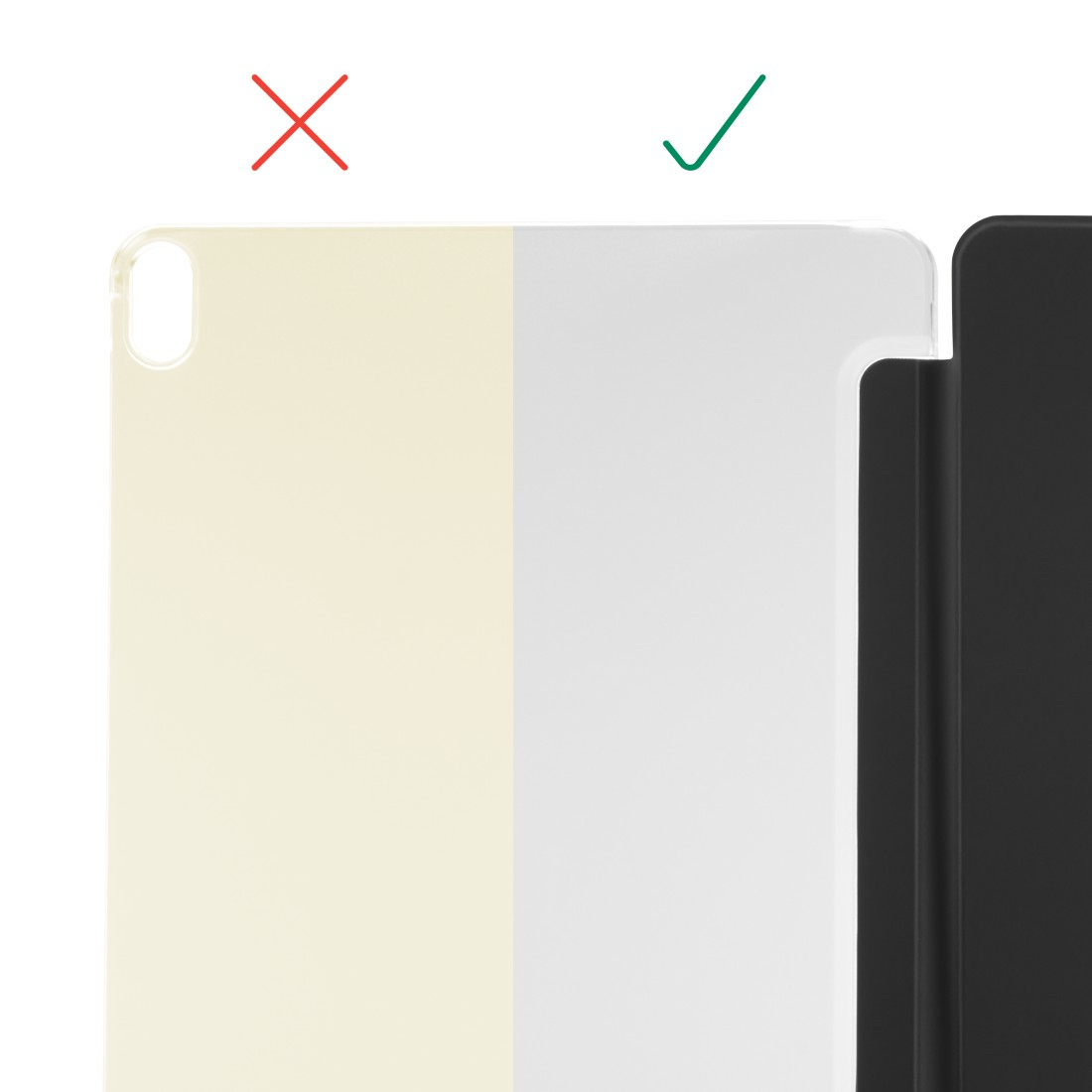 Das Bild zeigt eine iPad-Hülle. Die linke Seite ist hellgelb, die rechte Seite ist weiß, und eine schwarze Abdeckung befindet sich rechts. Ein Häkchen ist oben.