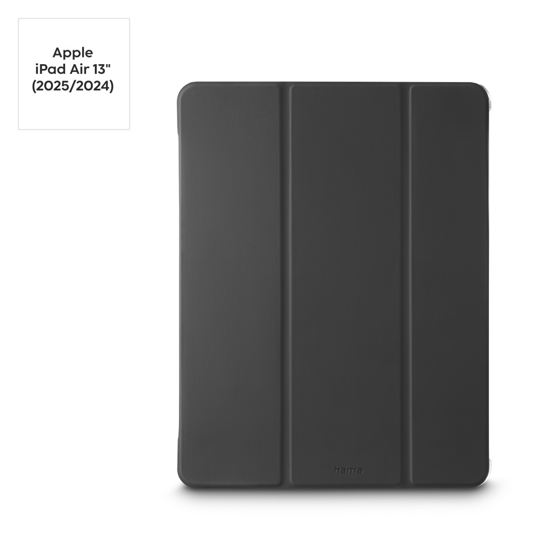 Eine dunkelgraue iPad Air 13" Hülle. Die Hülle ist geschlossen und zeigt die Vorderseite mit drei vertikalen Segmenten. Die Marke 'hama' ist sichtbar.