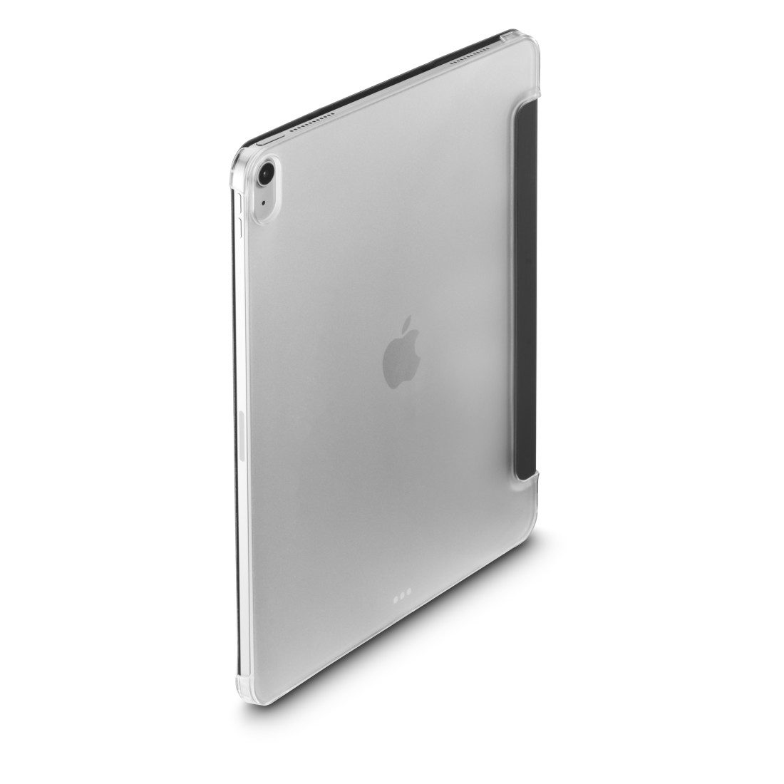 Silbernes iPad in einer transparenten Hülle mit Apple-Logo. Die Hülle hat eine schwarze Abdeckung. Weißer Hintergrund.