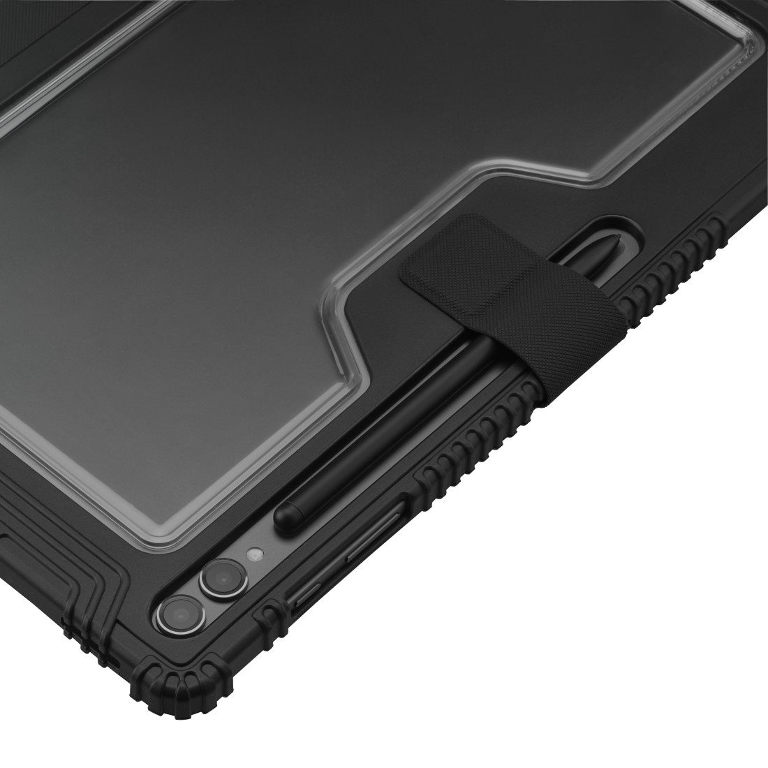 Schwarzes Tablet mit Schutzhülle. Ein Stift wird von einem Riemen gehalten. Die Hülle hat Kameraausschnitte und eine klare Bildschirmabdeckung.