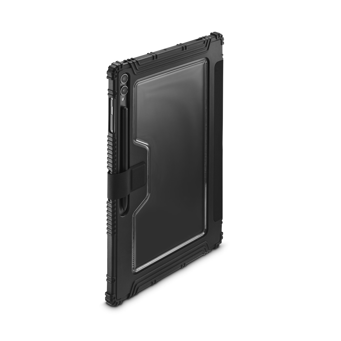 Schwarze Tablet-Hülle mit integriertem Ständer und Stifthalter. Die Hülle hat eine klare Vorderseite und einen Riemen.