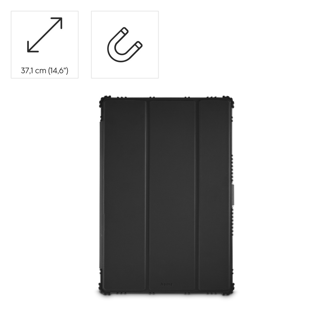 Schwarze Tablethülle mit strukturierter Oberfläche. Enthält Größen- und Magnetsymbole. Hama-Logo unten.