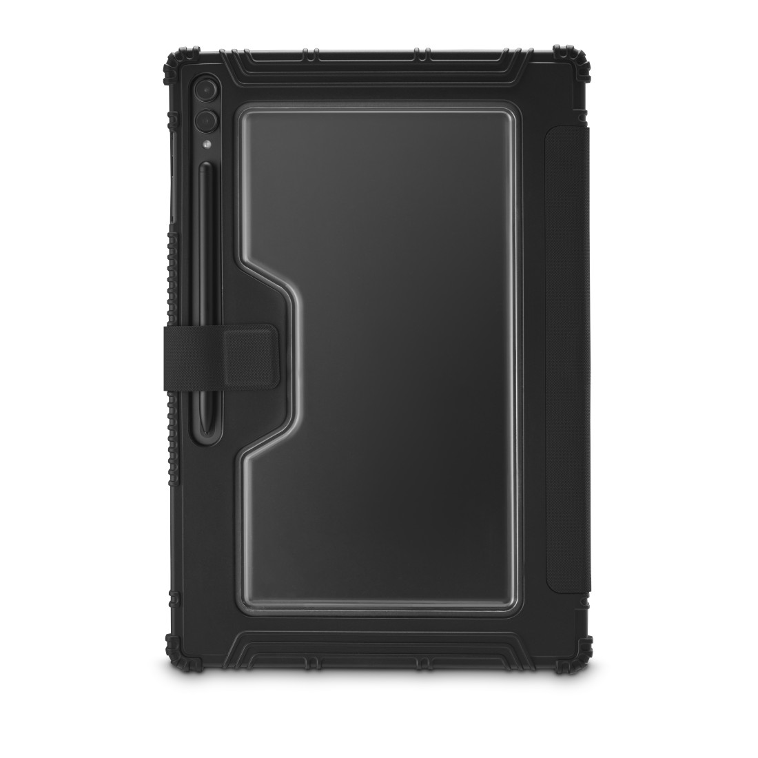Eine schwarze Tablethülle mit eingebautem Stifthalter. Die Hülle hat ein klares Fenster und einen strukturierten Rahmen.