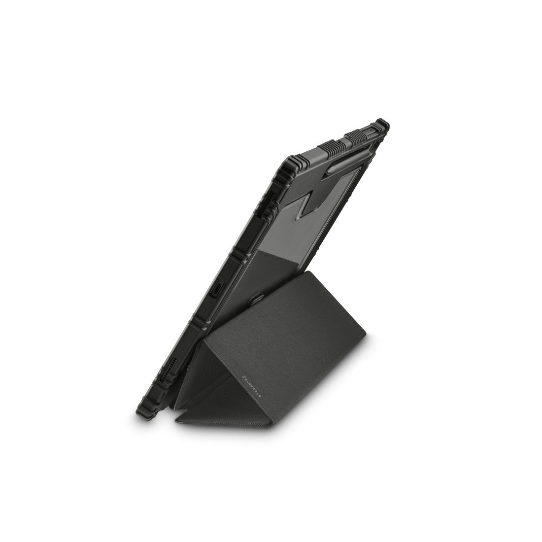 Schwarzes Tablet in einer Hülle, aufgestellt durch einen faltbaren Ständer. Die Hülle ist robust, mit einer transparenten Abdeckung.