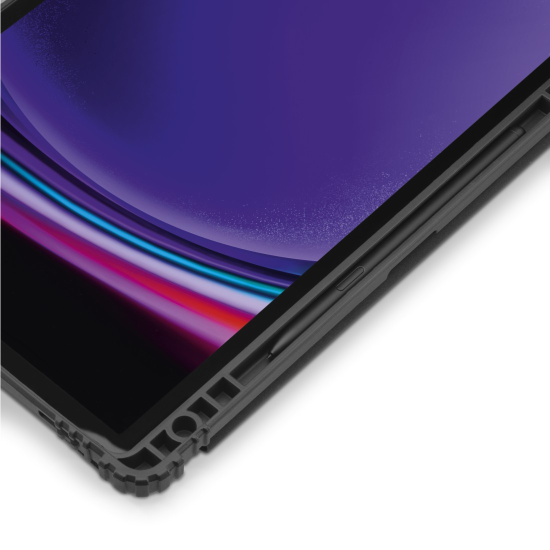 Ein Tablet mit Schutzhülle wird gezeigt. Der Bildschirm zeigt ein farbenfrohes, abstraktes Design. Die Hülle ist dunkelgrau, der Hintergrund weiß.