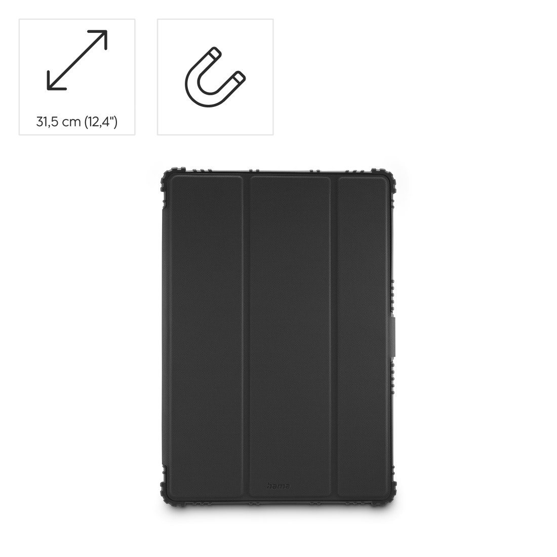 Schwarze Tablet-Hülle mit strukturierter Oberfläche. Symbole für Größe und Magnet sind sichtbar. Der Markenname "hama" ist unten gedruckt.