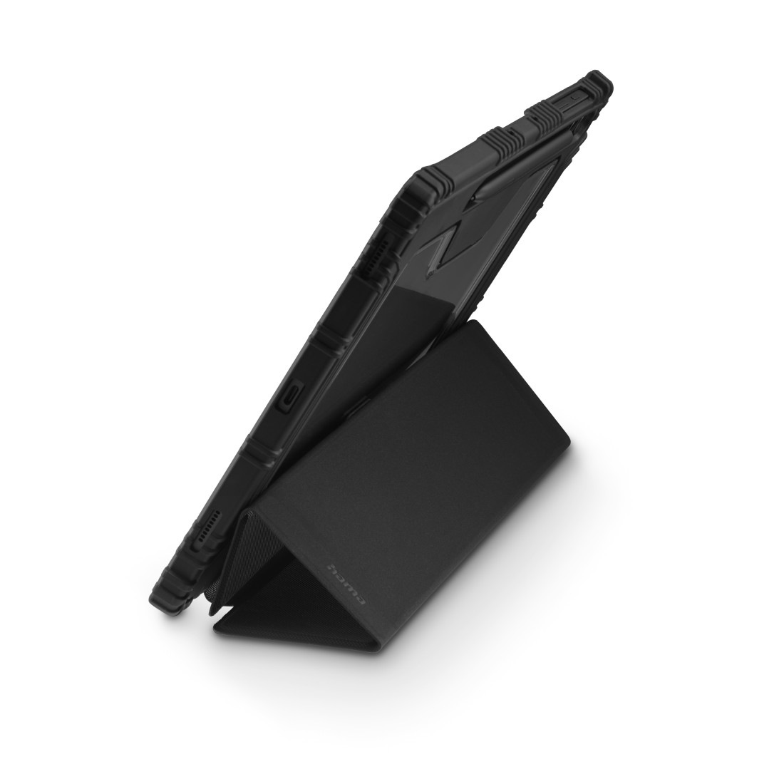 Schwarzes Tablet in einer Hülle, auf einem Ständer aufgestellt. Die Hülle hat ein strukturiertes Design. Der Ständer ist gefaltet.