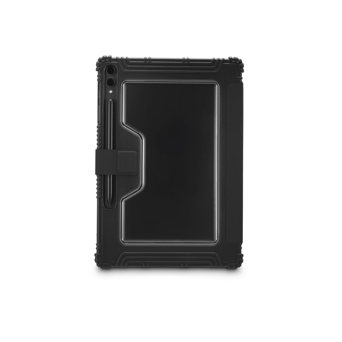 Eine schwarze Tablet-Hülle mit Stift und Handschlaufe. Die Hülle ist rechteckig und hat ein robustes Design, auf weißem Hintergrund.