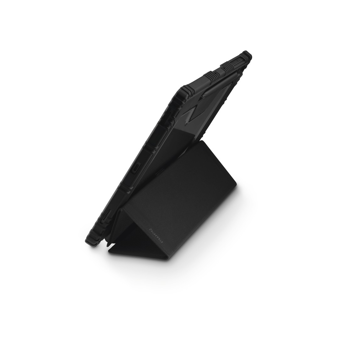 Schwarzes Tablet in einem Ständer. Das Tablet ist nach oben abgewinkelt und zeigt den Bildschirm. Der Ständer ist auch schwarz, mit dem Markennamen.