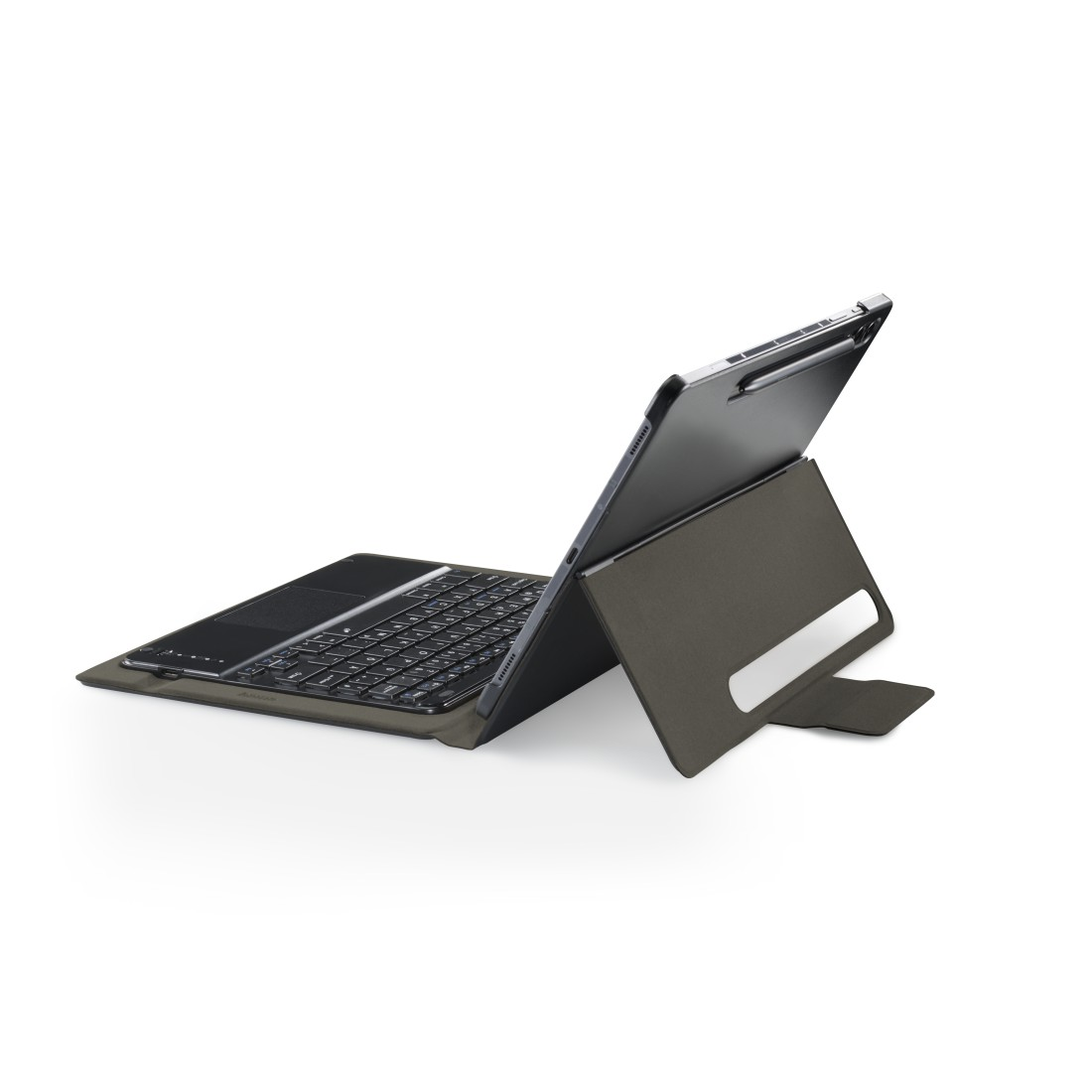 Ein Tablet mit angeschlossener Tastatur und Ständer. Das Tablet ist schwarz, die Tastatur ist schwarz und der Ständer olivgrün.