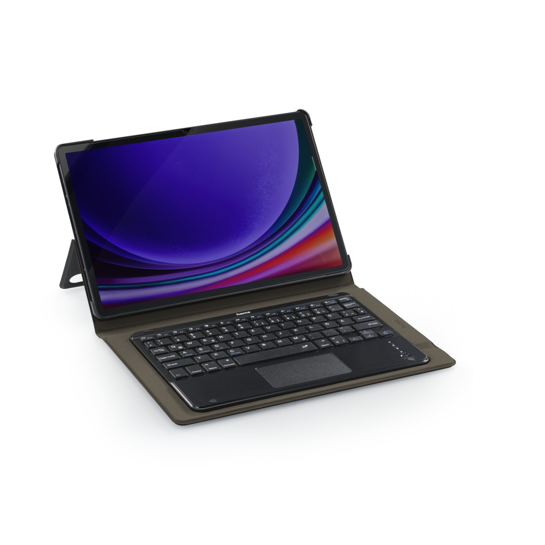 Tablet mit Tastatur in einer Hülle. Der Bildschirm zeigt ein farbenfrohes abstraktes Design. Die Tastatur ist schwarz.