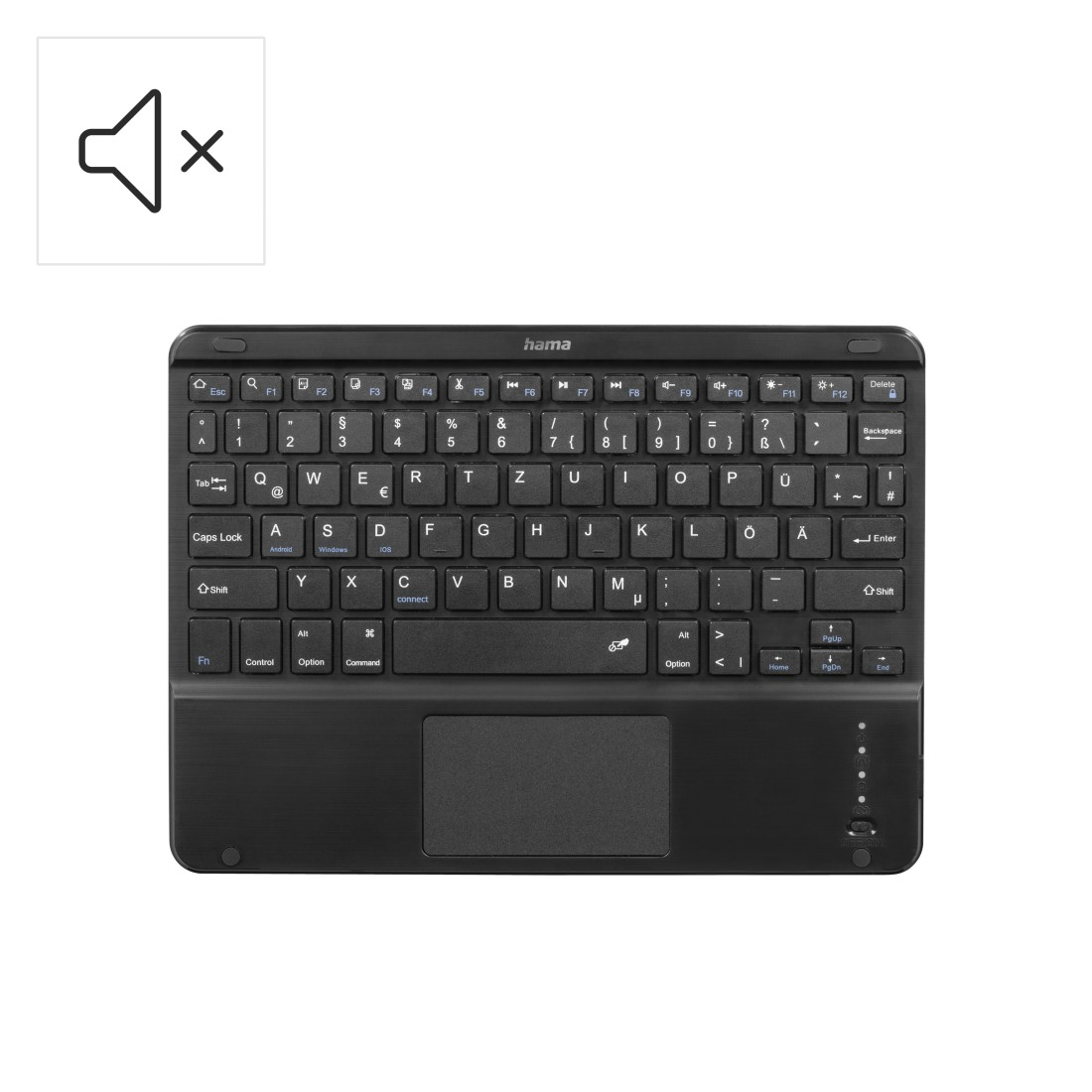 Schwarze Hama-Tastatur mit Touchpad. Hat Tasten für Symbole und Buchstaben. Oben links befindet sich ein Stummschaltungs-Symbol.