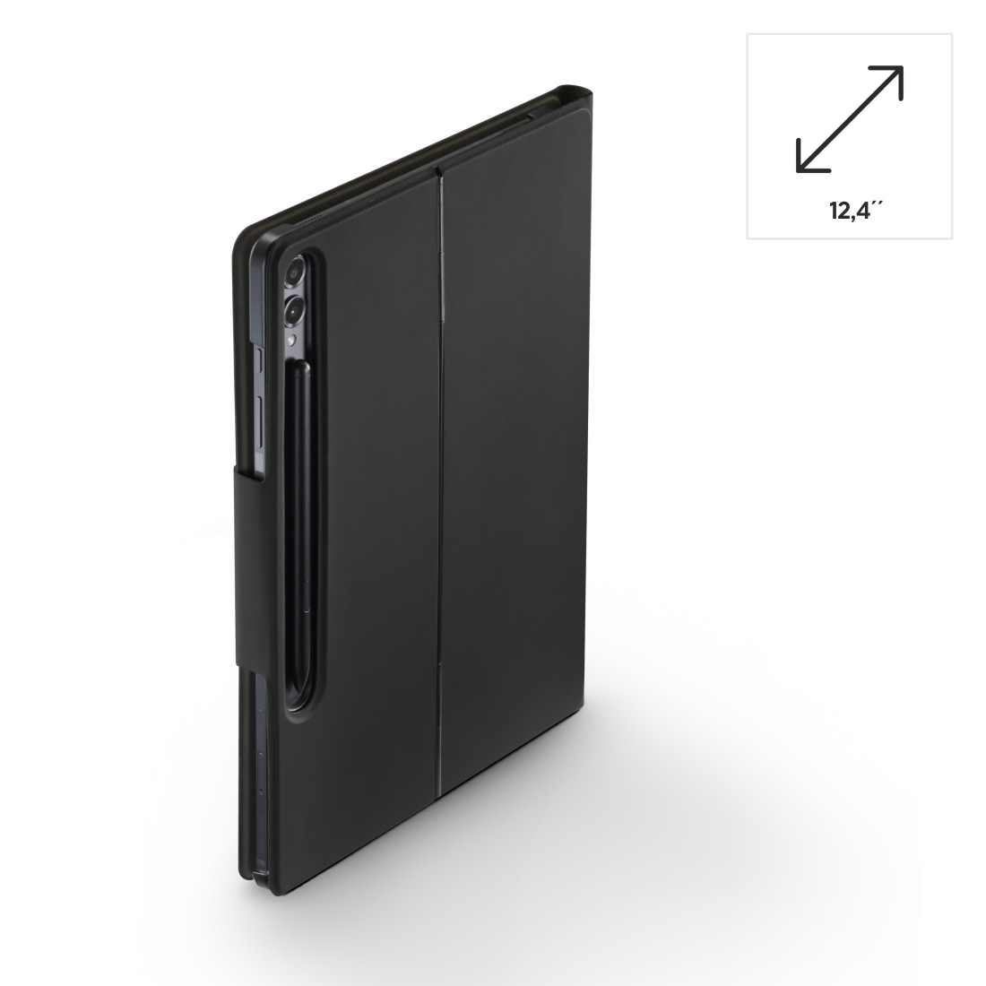 Schwarze Tablethülle mit Stift auf weißem Hintergrund, mit Größenangabe: 12,4 Zoll.