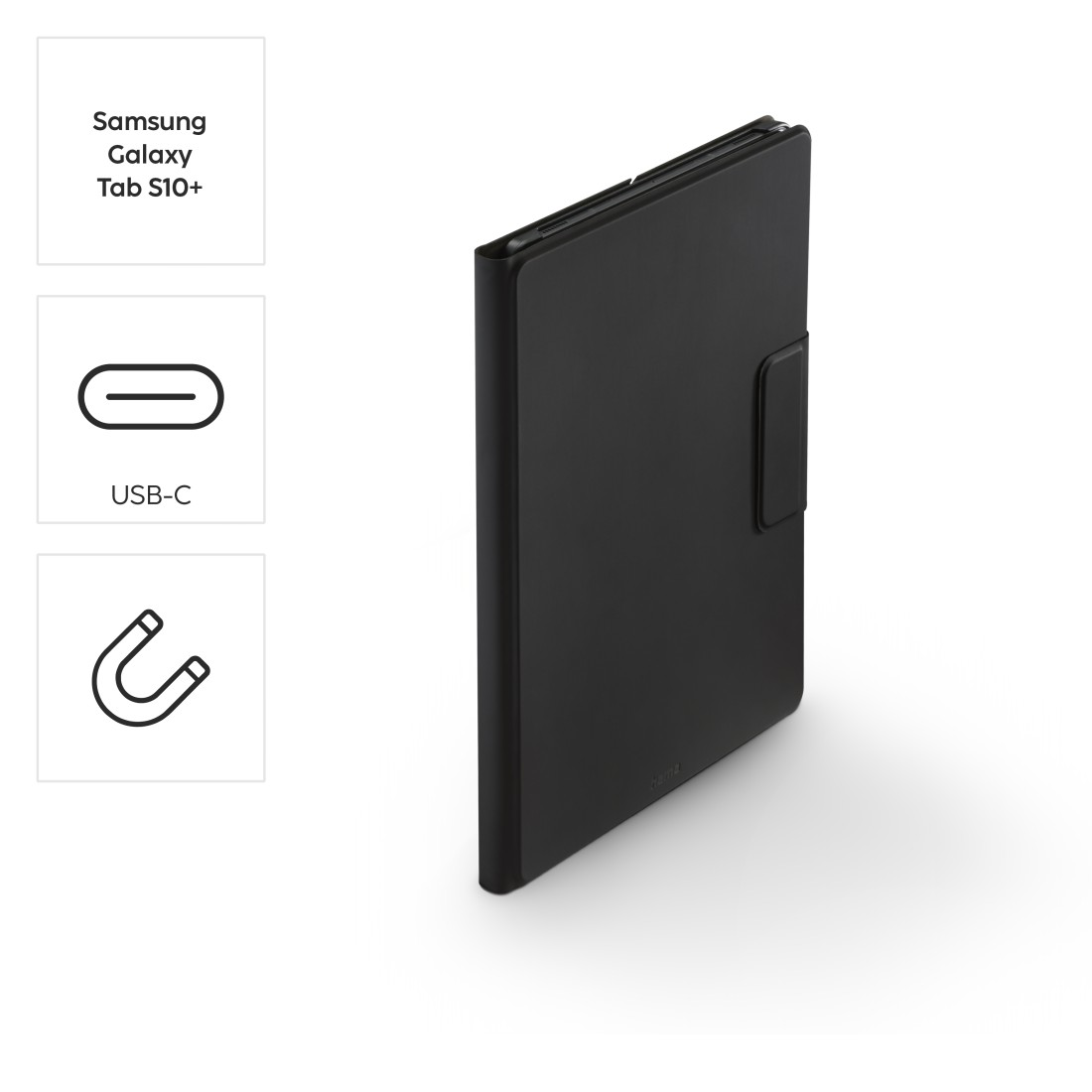 Schwarze Tablethülle mit Magnetverschluss. Symbole für USB-C und ein Magnetsymbol befinden sich links. Der Text 'Samsung Galaxy Tab S10+' steht oben.
