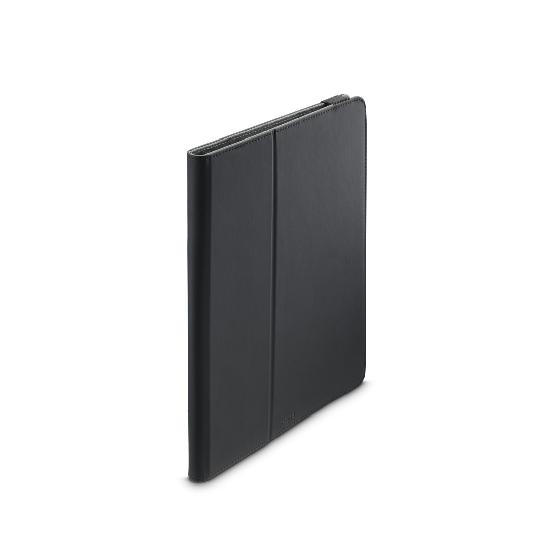 Eine schwarze Tablet-Hülle steht aufrecht vor einem weißen Hintergrund. Die Hülle ist geschlossen und zeigt eine glatte, feste Oberfläche.