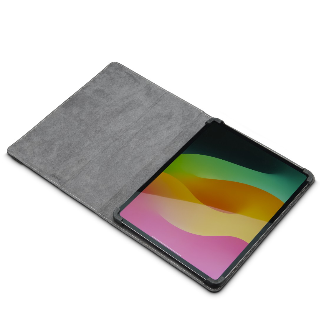 Eine offene, graue Tablethülle mit einem Tablet darin. Der Tablet-Bildschirm zeigt ein farbenfrohes Hintergrundbild.