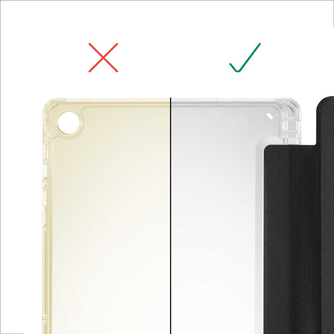 Bild zeigt Handyhüllen. Eine transparente Hülle ist mit einem Haken markiert. Eine gelb getönte Hülle ist mit einem X markiert. Der Hintergrund ist weiß.
