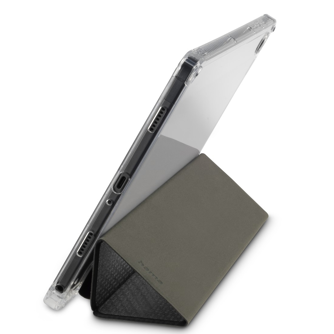 Ein Tablet in einer Hülle ist angewinkelt. Die Hülle ist olivgrau und schwarz. Das Tablet hat eine klare Schutzhülle.