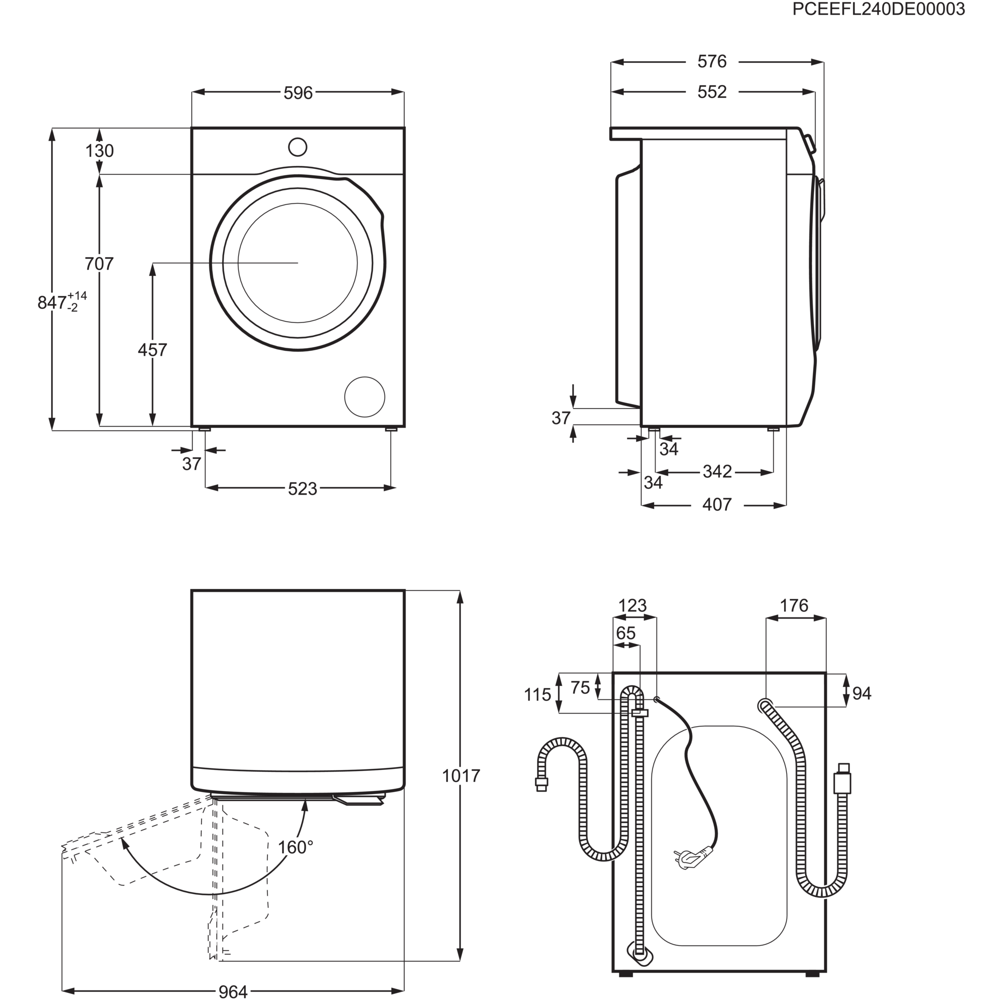 Technical drawing of a washing machine with dimensions in millimeters. Shows front, side, and back views. Black lines on white background.