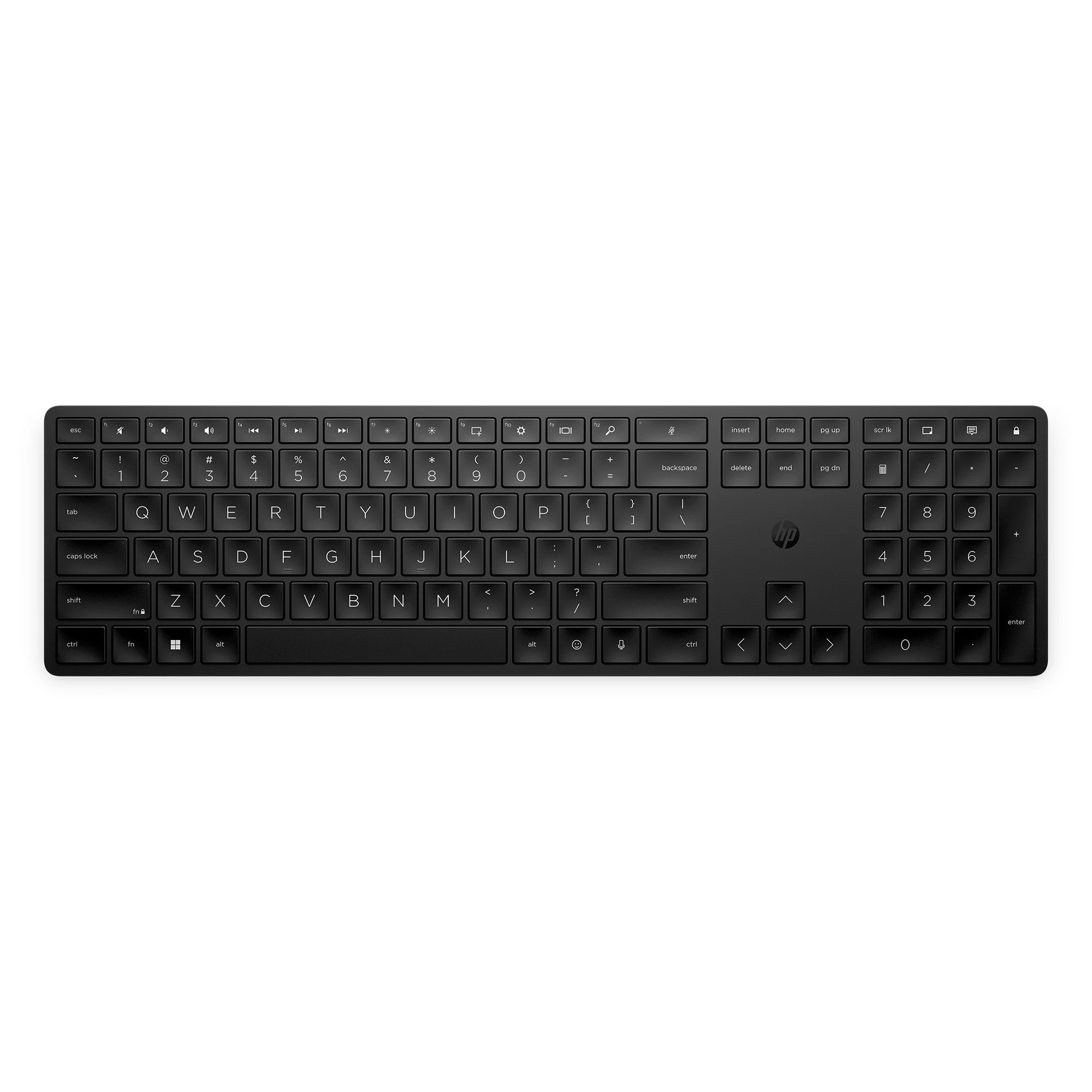 Schwarze HP-Tastatur mit Buchstaben, Zahlen und Symbolen. Enthält Funktionstasten und Pfeiltasten.