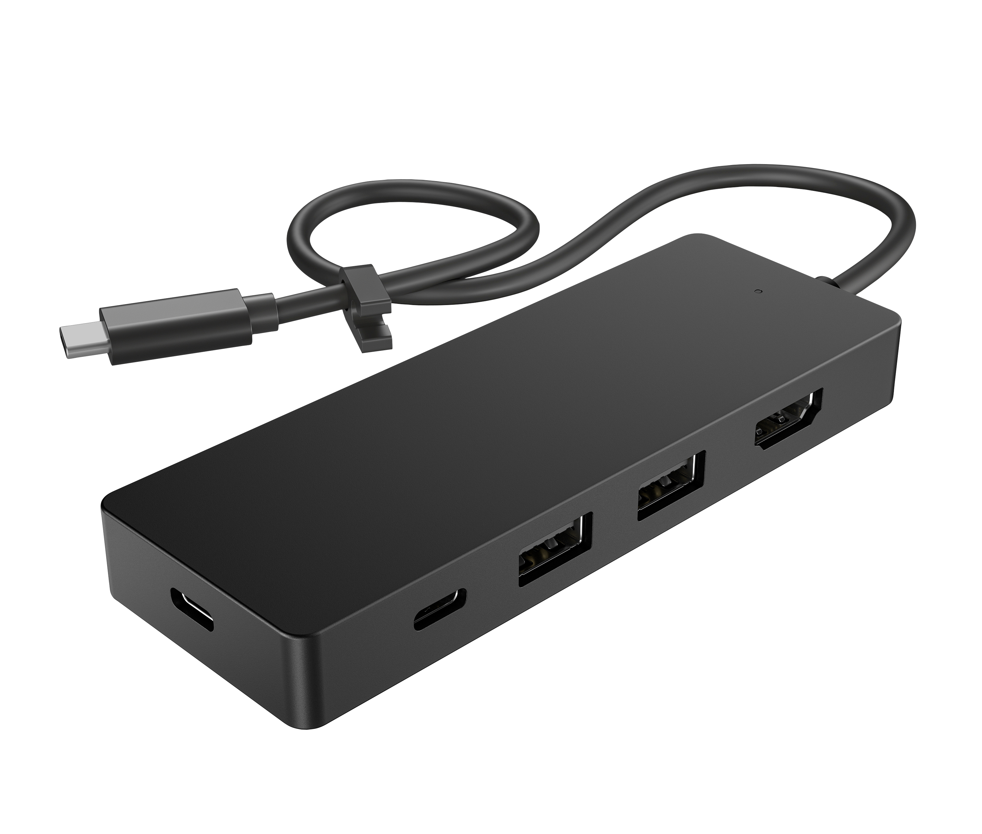Ein schwarzer USB-Hub mit mehreren Anschlüssen und einem angeschlossenen Kabel mit USB-C-Anschluss.