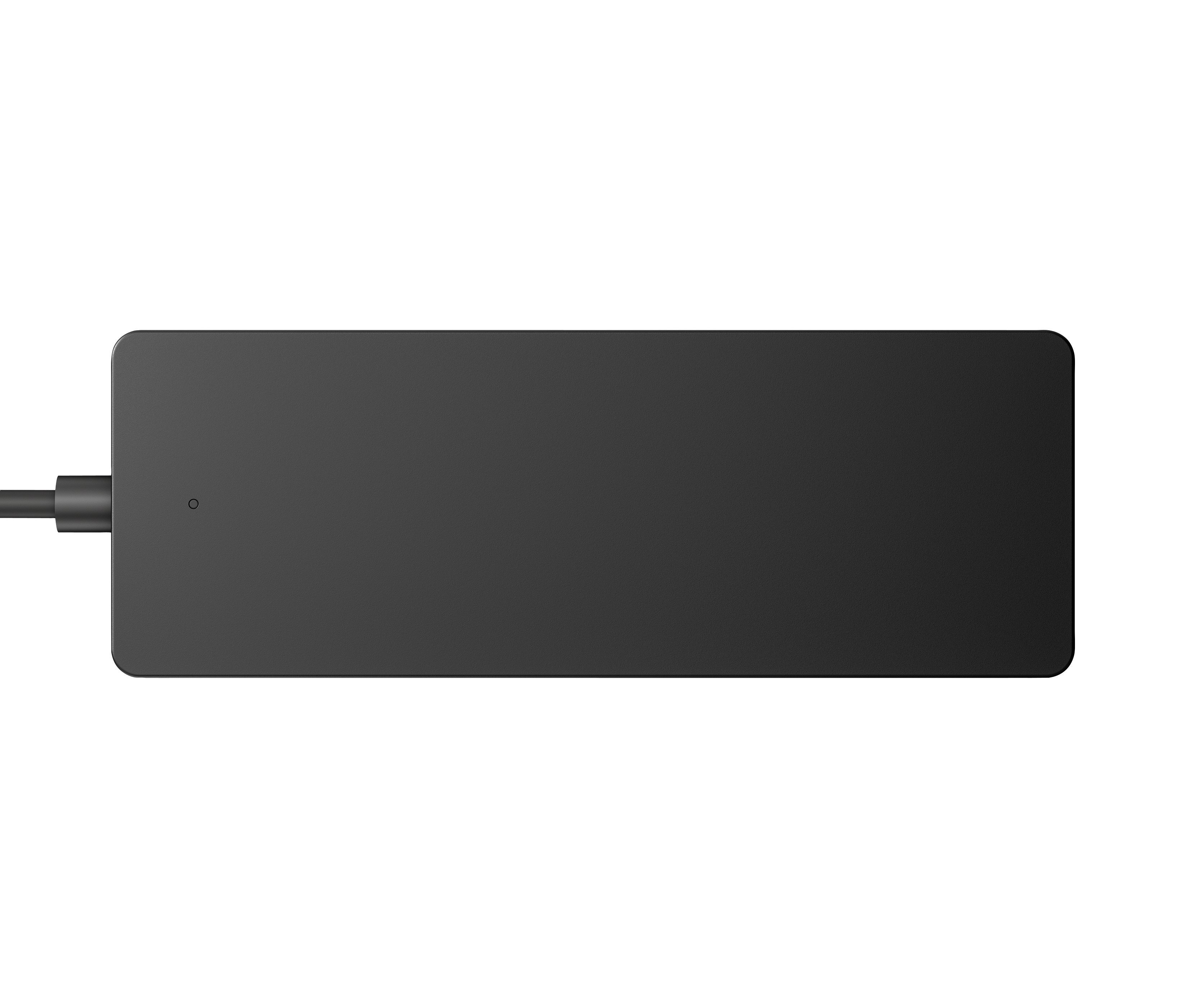 Ein schwarzes, rechteckiges Netzteil mit einem kleinen Punkt und einem Kabel. Weißer Hintergrund.