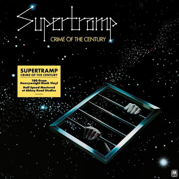 Albumcover für Supertramp's 'Crime of the Century'. Hände greifen nach einem Käfig vor Sternenhimmel. Text enthält Albumdetails.