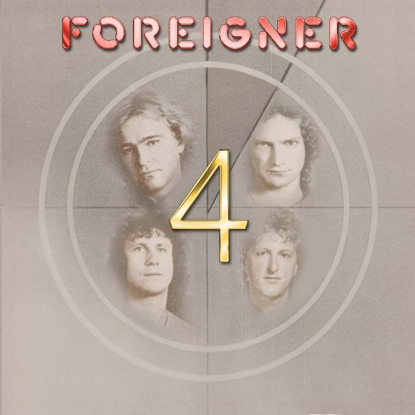 Albumcover für Foreigner 4. Bandmitglieder in einem Kreis, golden '4' in der Mitte und 'Foreigner' oben. Der Hintergrund ist grau.