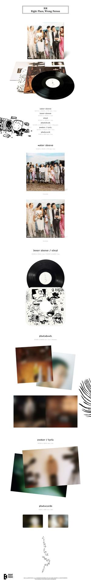 Das Bild zeigt Albumkomponenten: Albumcover, Vinyl, Fotobuch, Poster, Fotokarte und Hülle. Das Album trägt den Titel 'Right Place, Wrong Person'.