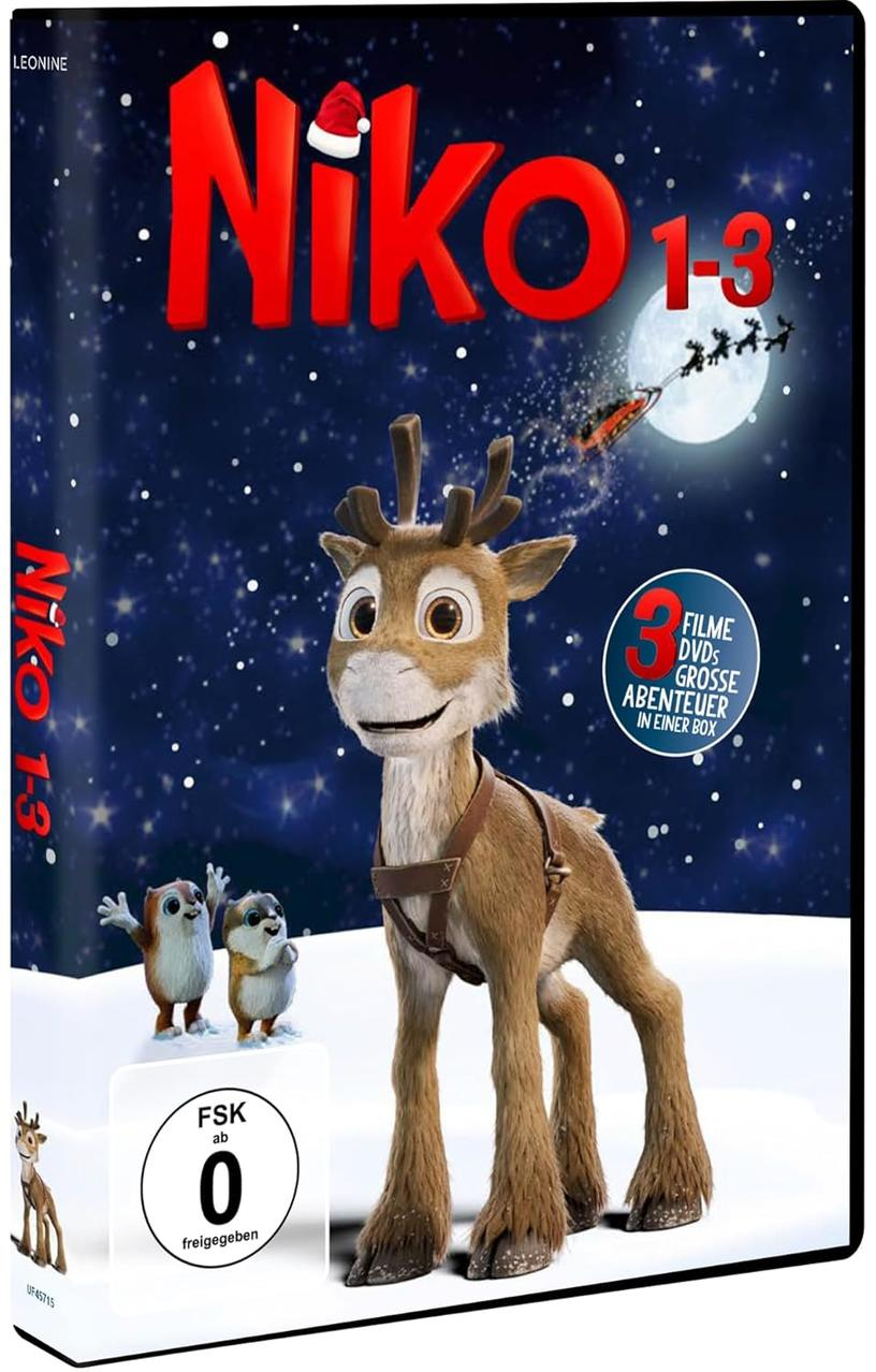 DVD-Cover von 'Niko 1-3'. Zeigt ein Rentier, kleine Charaktere, den Weihnachtsschlitten und einen schneebedeckten Hintergrund.